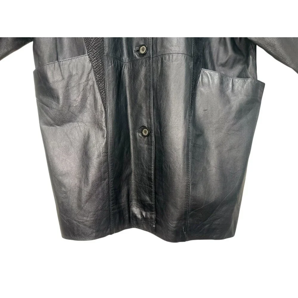 Jaqueline Ferrar Vintage Retro Leather Jacket Coat XL Black Button Down Western